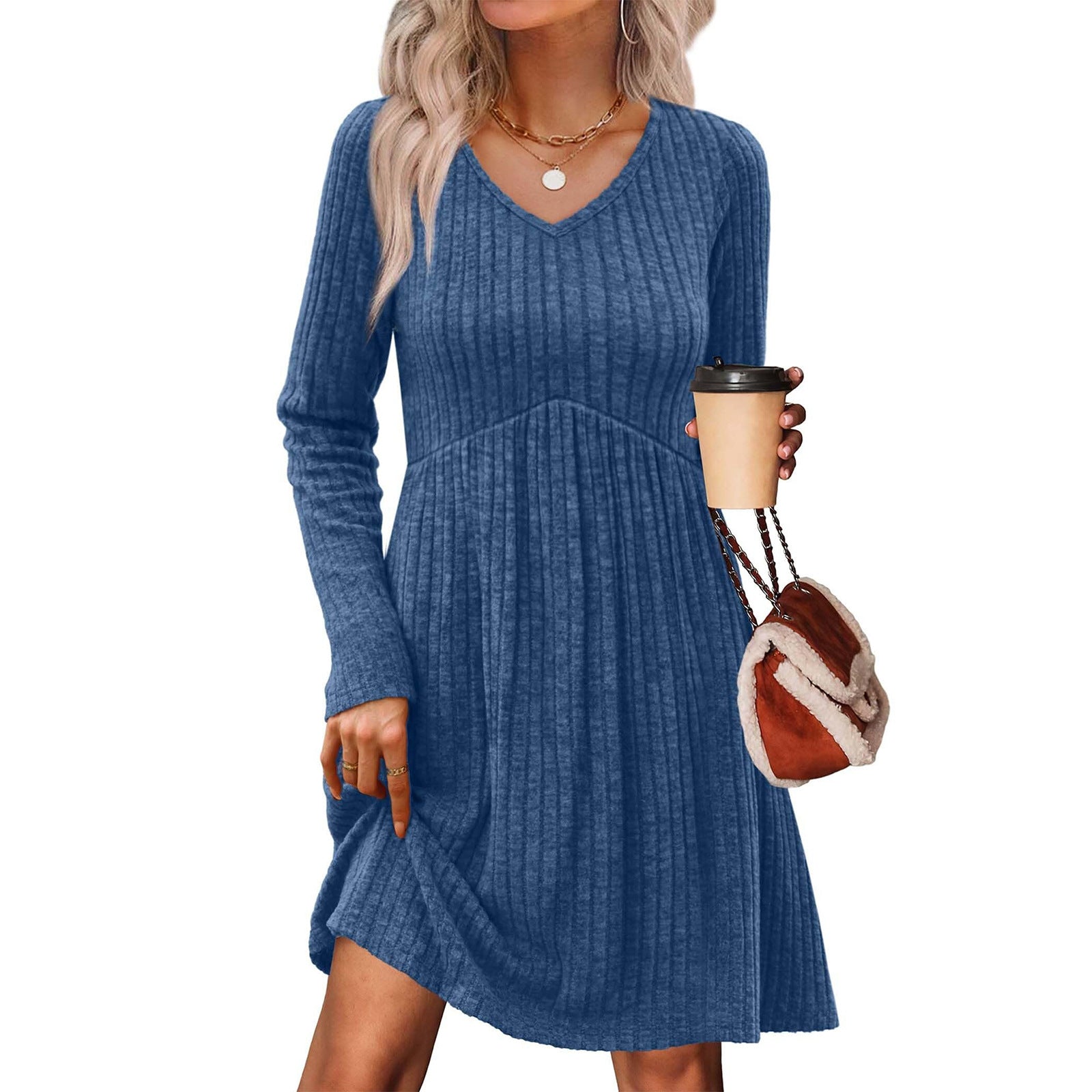 Ribbed, Brushed-Back Long-Sleeve Casual Pleated Pocket Dress