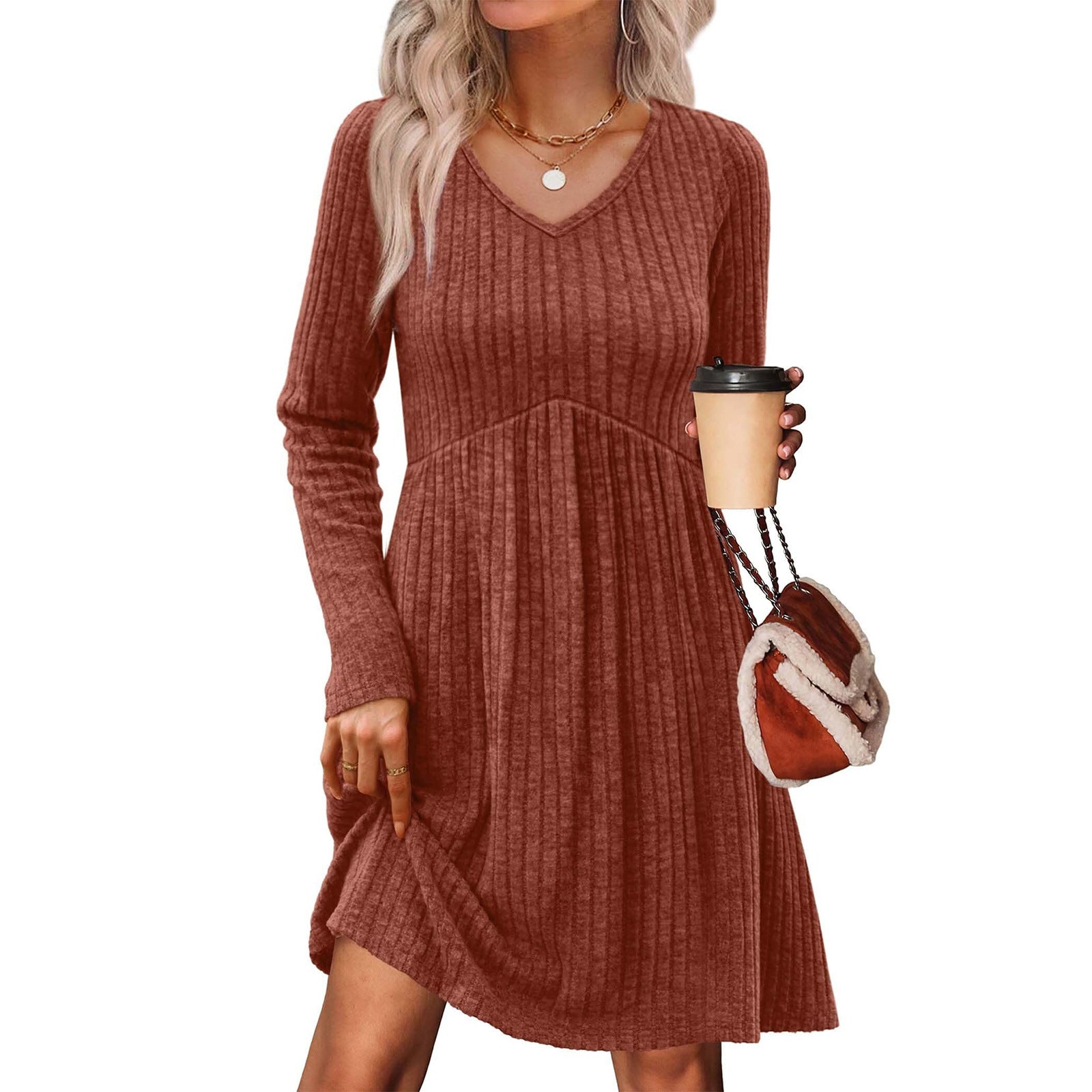 Ribbed, Brushed-Back Long-Sleeve Casual Pleated Pocket Dress