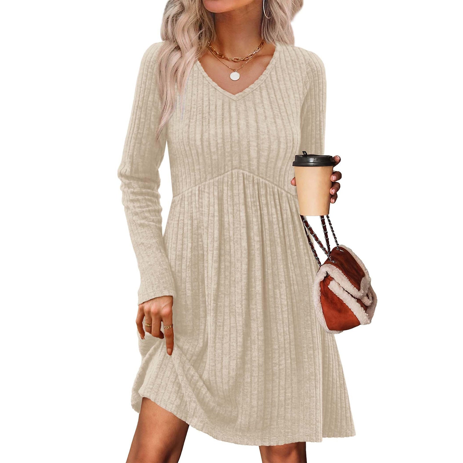 Ribbed, Brushed-Back Long-Sleeve Casual Pleated Pocket Dress