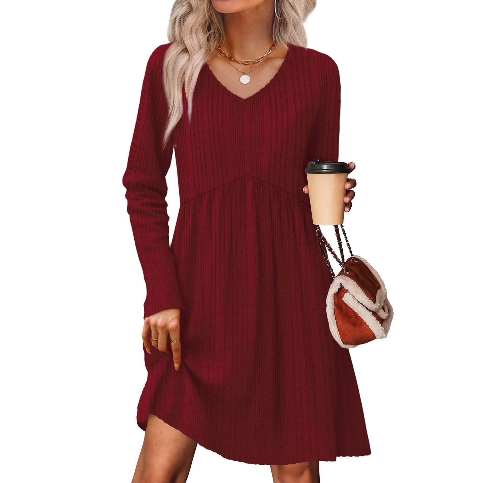 Ribbed, Brushed-Back Long-Sleeve Casual Pleated Pocket Dress