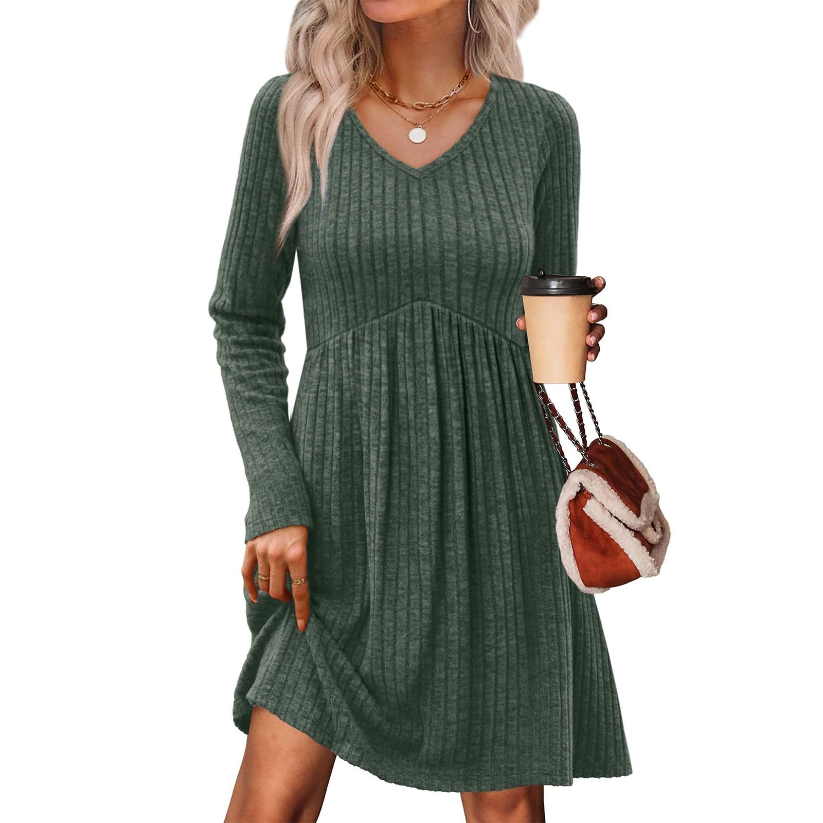 Ribbed, Brushed-Back Long-Sleeve Casual Pleated Pocket Dress