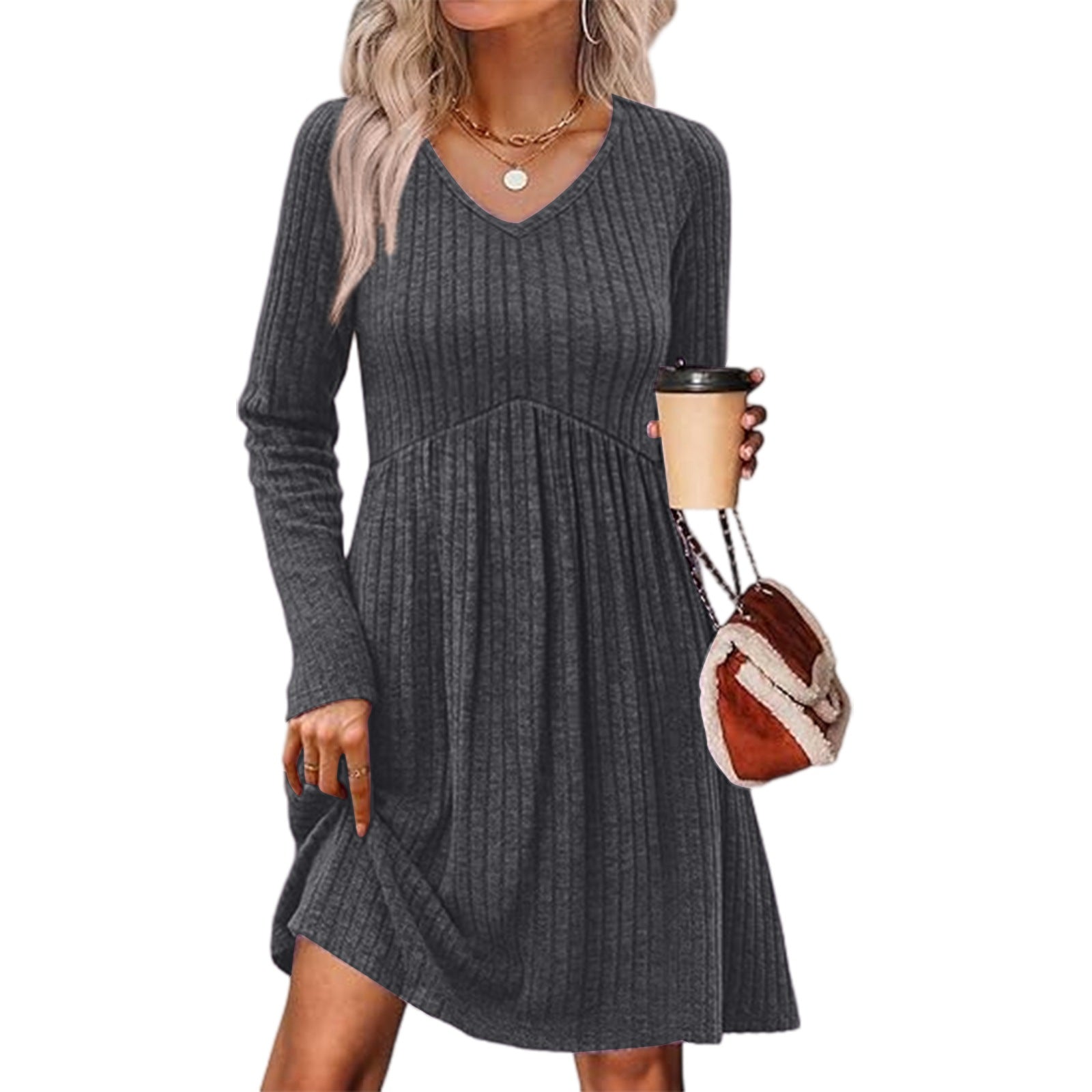 Ribbed, Brushed-Back Long-Sleeve Casual Pleated Pocket Dress